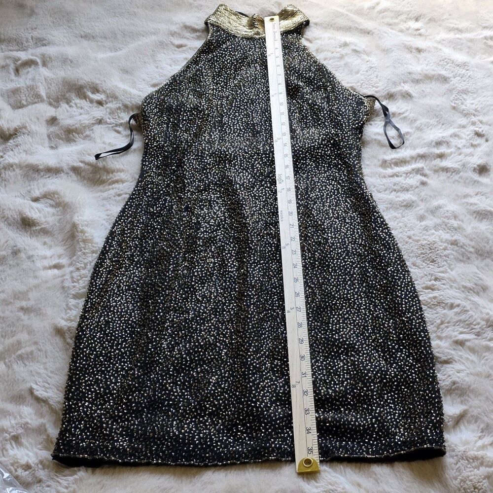 Black Tie Oleg Cassini Beaded Silk Halter Dress Black Gold Glam Cocktail Sz 8 - Picture 8 of 10